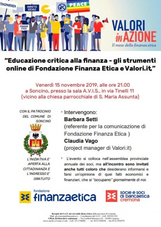 Valori in Azione Incontro il 15/11 a Soncino su Educazione critica alla finanza