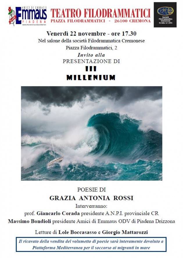 Emmaus a Cremona presenta la raccolta poetica di Grazia Antonia Rossi ‘III Millenium’