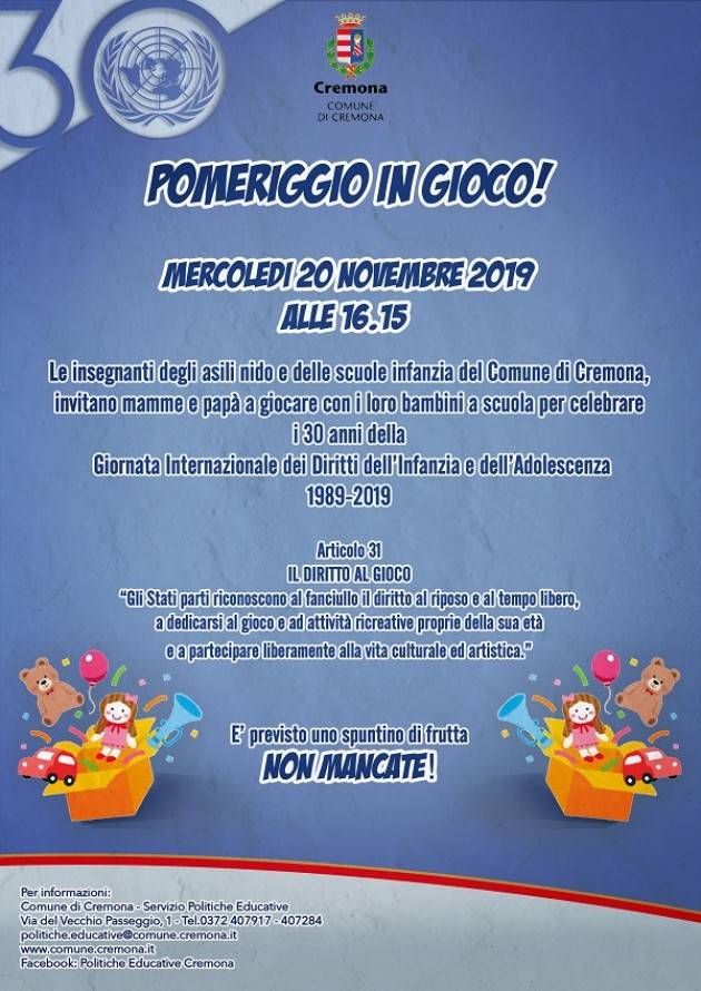 Cremona Giornata Internazionale dei Diritti dell’Infanzia e dell’Adolescenza 30 anni di diritti – 1989/2019