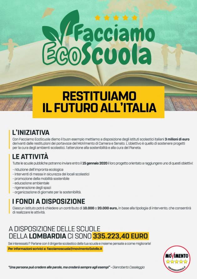 SCUOLA, M5S :CON IL PROGETTO FACCIAMO ECOSCUOLA 