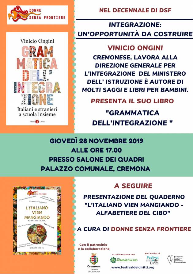 Giovedì 28 novembre la presentazione del libro “Grammatica dell'integrazione” di Vinicio Ongini