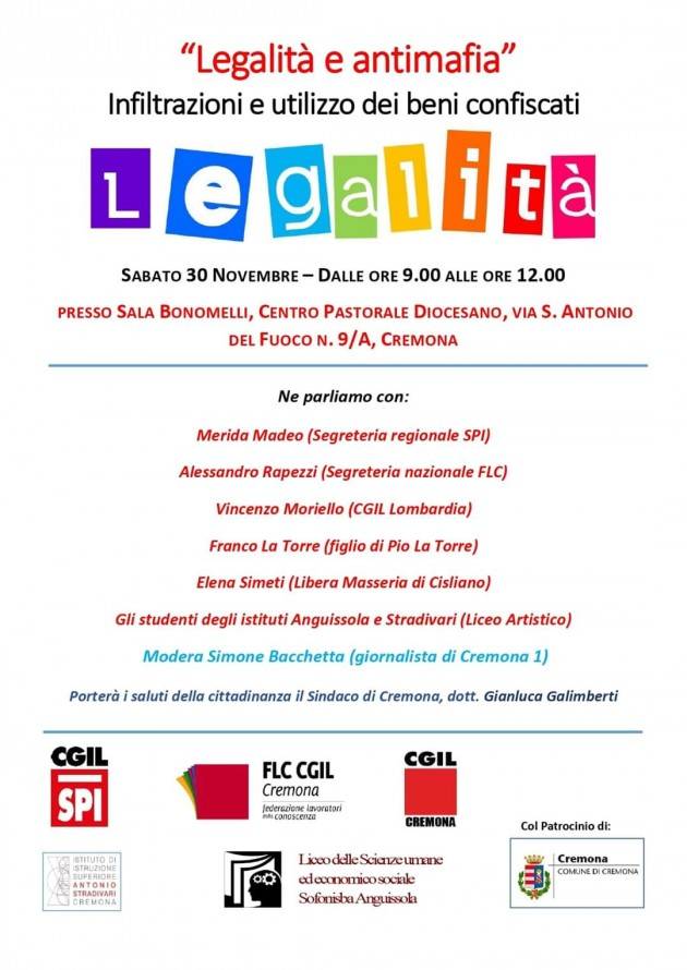 Iniziativa sulla legalità a Cremona sabato 30 novembre | Indetta dallo SPI-cgil