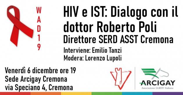 Venerdì 6 dicembre, HIV e IST: Arcigay Cremona dialoga con il Dr. Roberto Poli