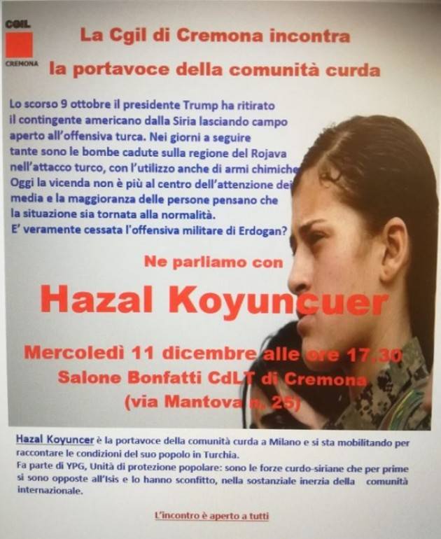 La Cgil di Cremona incontra rappresentante comunità  curda HAZAL  KOYUNCUER