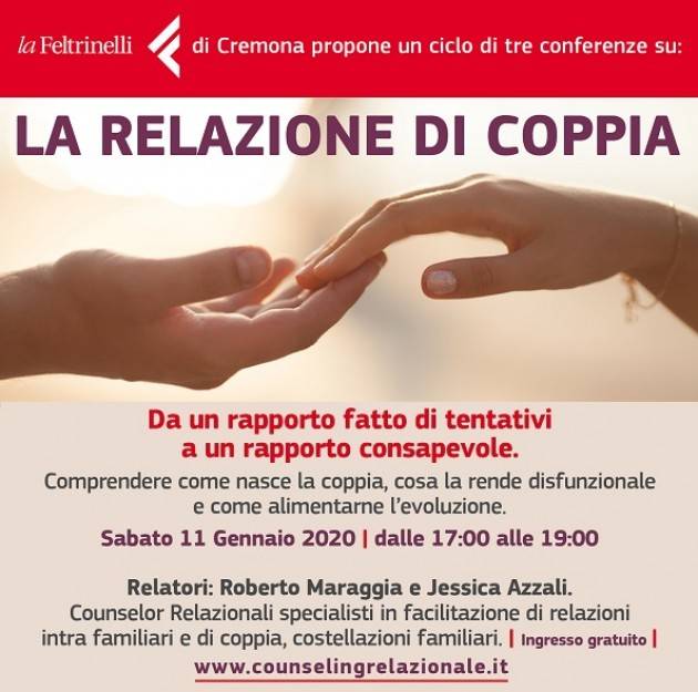 Cremona Conferenza ‘La relazione di coppia’ sabato 11 gennaio alla Libreria Feltrinelli