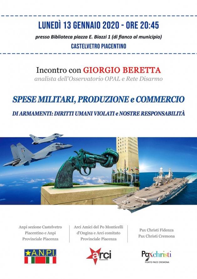 A CASTELVETRO PIACENTINO  incontro con Giorgio Beretta su Spese Militari e Diritti Umani Violati