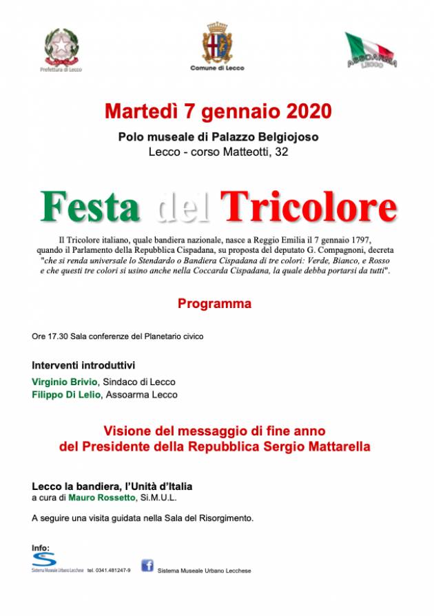 Lecco Martedì 7 gennaio al Palazzo Belgiojoso la Festa del Tricolore