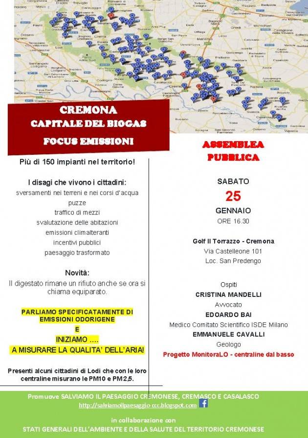 Cremona Capitale del Biogas  ASSEMBLEA PUBBLICA - FOCUS EMISSIONI il 25 gennaio