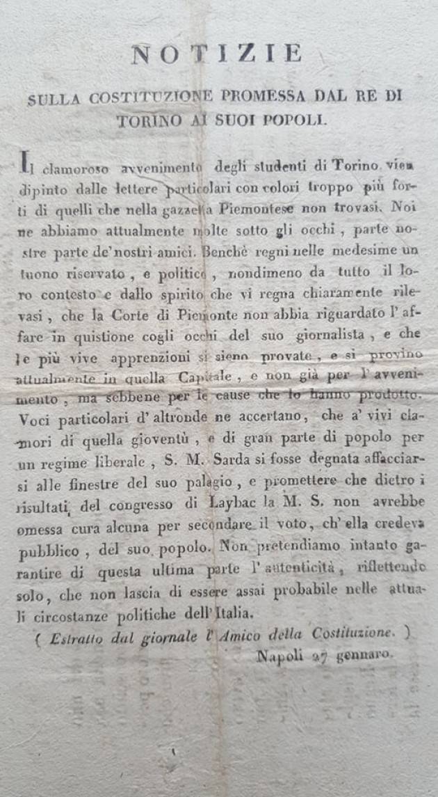 Alle origini della nostra civiltà : pubblicata una lettera al giornale che ripercorre i primi moti carbonari in Italia