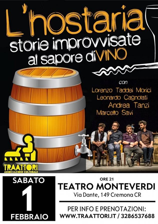 L'Hostaria - storie improvvisate dal sapore diVino- al Teatro Monteverdi con i TraAttori il 1° febbraio