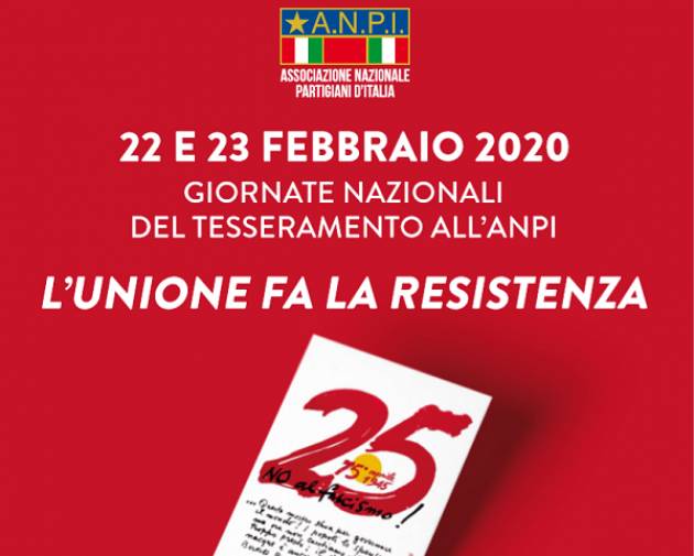 Giornate nazionali di tesseramento all'Anpi sabato 22 e domenica 23 febbraio 2020