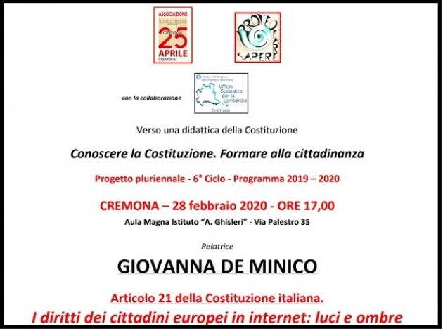 Ass. 25 aprile Cremona  Incontro con GIOVANNA DE MINICO su Articolo 21 della Costituzione Italiana.