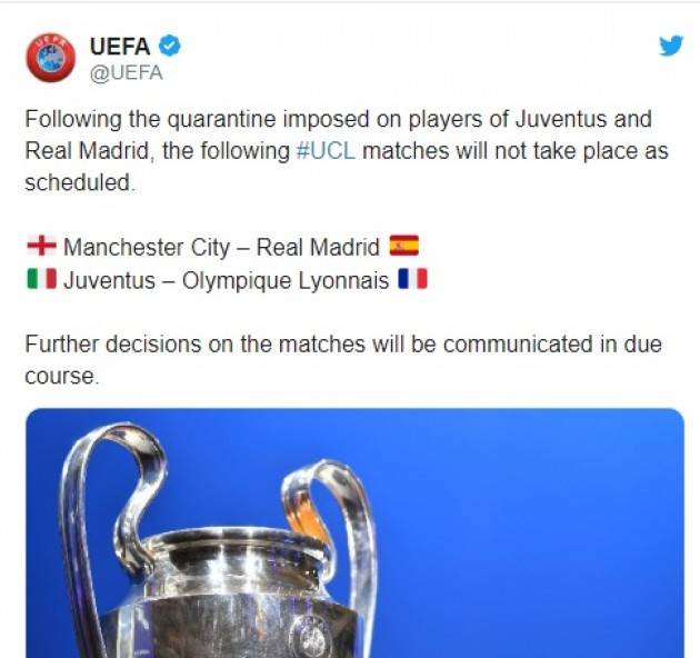 Champions: Juventus-Lione rinviata causa quarantena