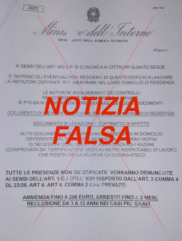 CODACONS CREMONA: LA TRUFFA DEL FINTO VOLANTINO DEL MINISTERO DELL’INTERNO: “CHI NON ABITA QUI DEVE TORNARE NEL PROPRIO DOMICILIO”.