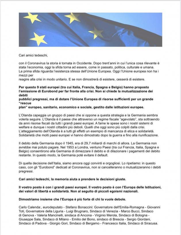 La lettera dei politici italiani contro l'Olanda ''priva di etica e solidarietà''