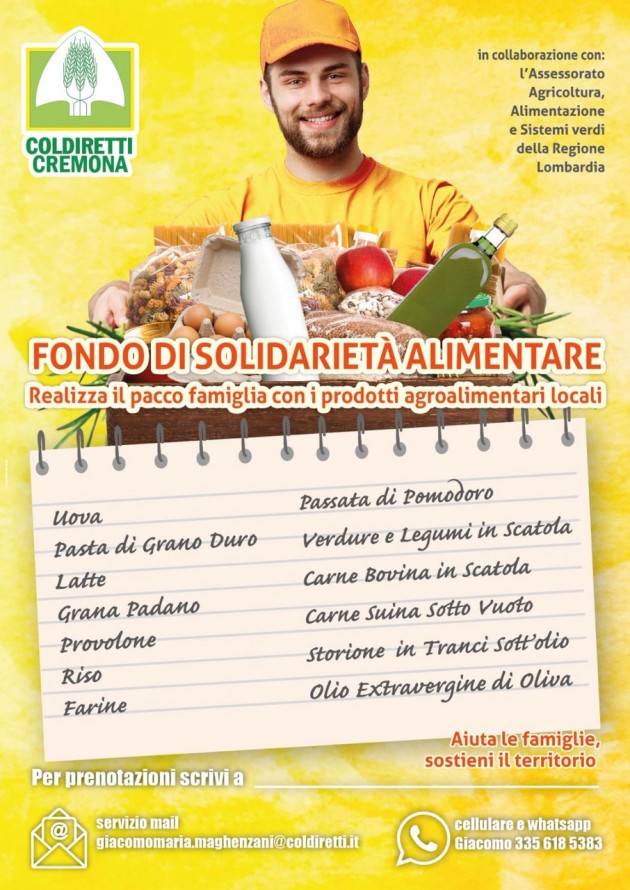 FONDO DI SOLIDARIETA’ ALIMENTARE PER FAMIGLIE IN DIFFICOLTA’ COLDIRETTI CREMONA PRONTA A FORNIRE CIBO DA AGRICOLTURA LOMBARDA