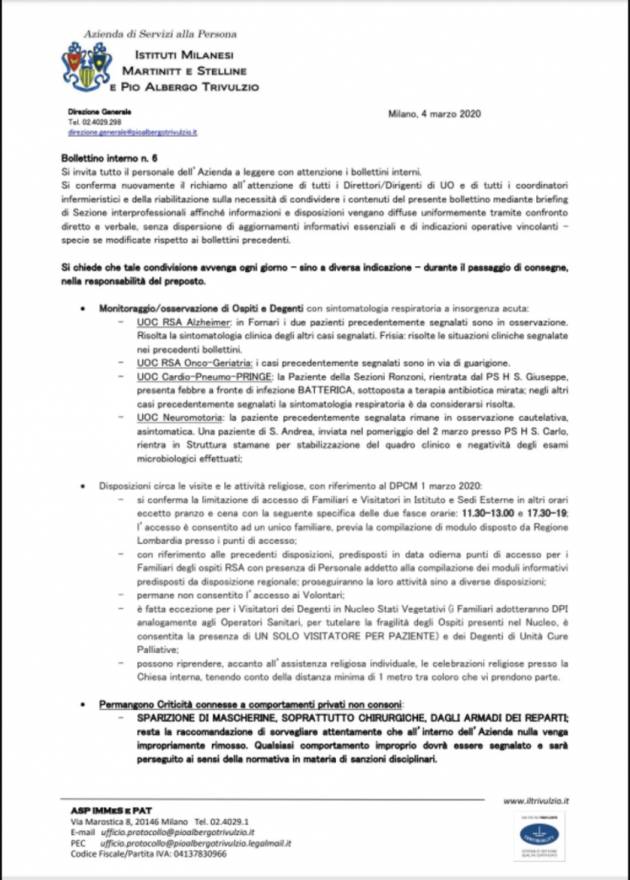 Nei bollettini del Pio Albergo Trivulzio nessun contagio a febbraio e marzo