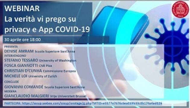 ''LA VERITÀ SU PRICAVY APP E COVID19'': DOMANI IL SEMINARIO ONLINE DELLA SANT’ANNA DI PISA