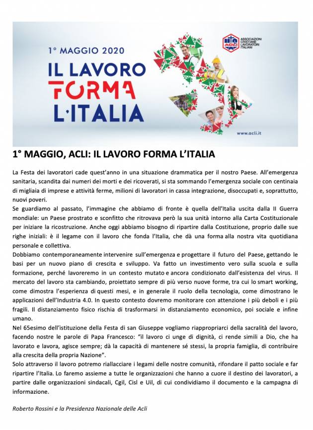 Acli. 1 Maggio, il lavoro forma l'Italia