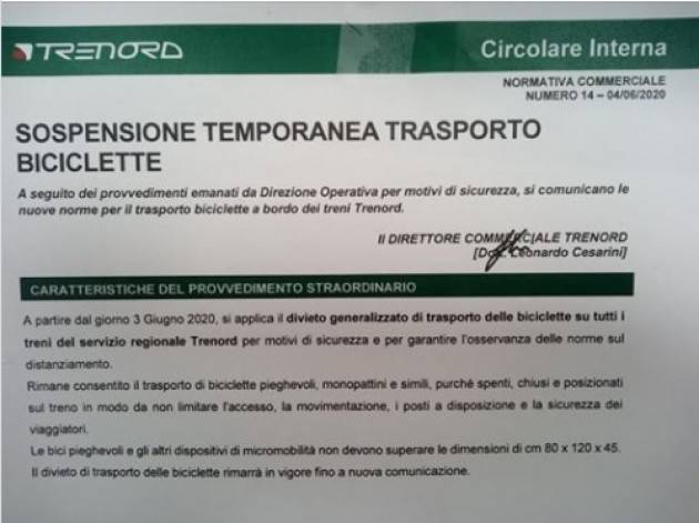 Trenord NO BICI sui treni .Piercarlo Bertolotti (Fiab Cremona): vergogna !!