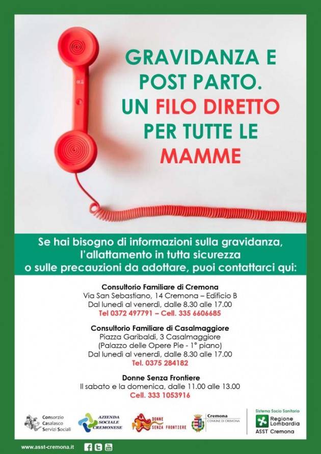 Cremona e Casal.giore NASCE NUOVO SERVIZIO SUPPORTO A DISTANZA PER  DONNE IN GRAVIDANZA E NEOMAMME.