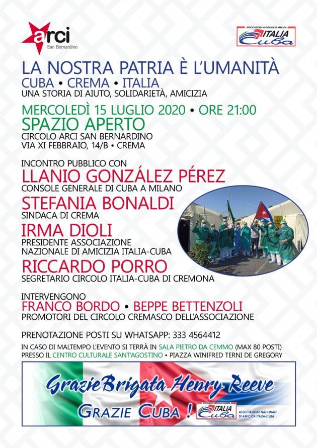 Incontro  CUBA-CREMA-ITALIA all' Arci di San Bernardino mercoledì 15 luglio ore 21