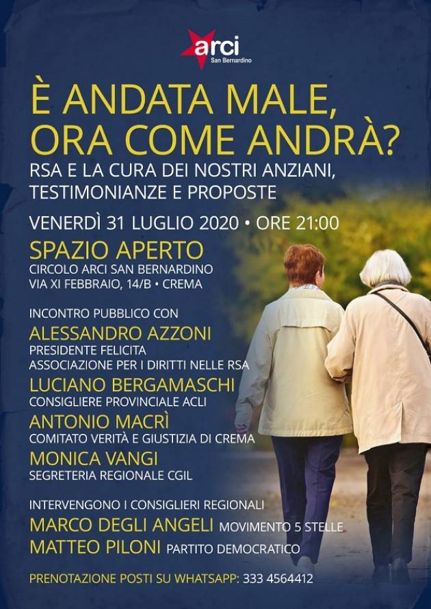 COVID-19 RSA ‘E' ANDATA MALE, ORA COME ANDRA'?’ Incontro a Crema Arci San Bernardino il 31 luglio