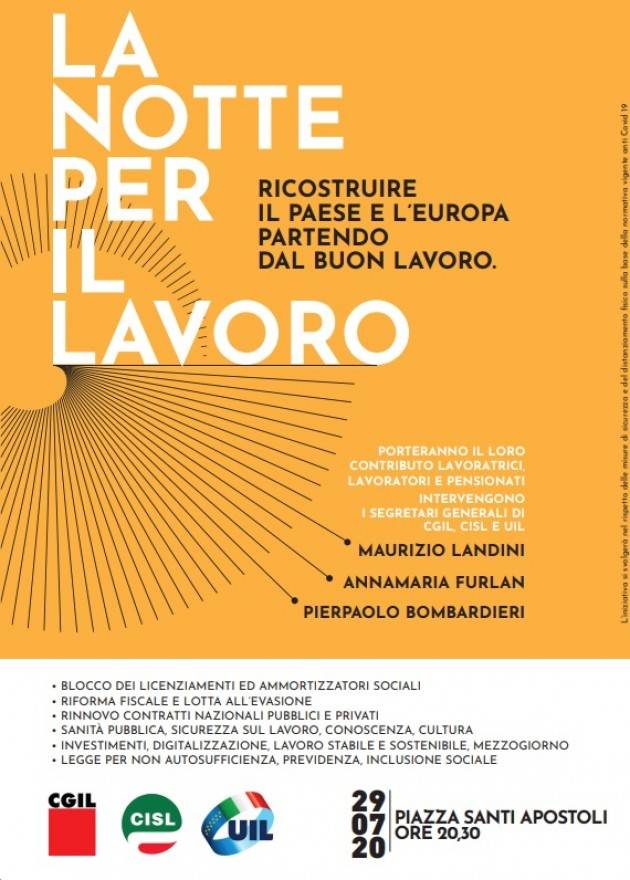 Cgil, Cisl e Uil, 29 luglio ‘la notte per il lavoro’ in Piazza a Roma. In diretta su collettiva.it