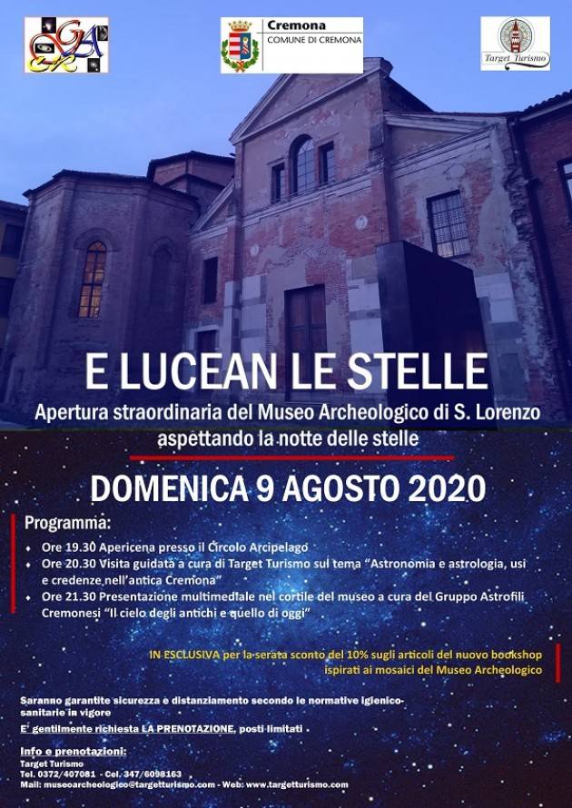 Cremona  LUCEAN LE STELLE al Museo Archeologico di S. Lorenzo domenica 9 agosto