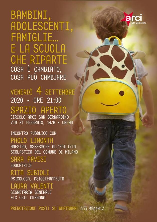 Bambini, adolescenti, famiglie....e la scuola che riparte Venerdì 4/, incontro all'Arci di San Bernardino