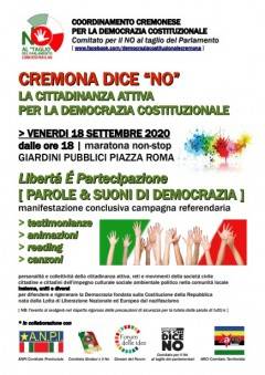 CREMONA DICE NO - MARATONA CONCLUSIVA CAMPAGNA REFERENDARIA VENERDI 18/9 ORE 18 - GIARDINI PUBBLICI PIAZZA ROMA