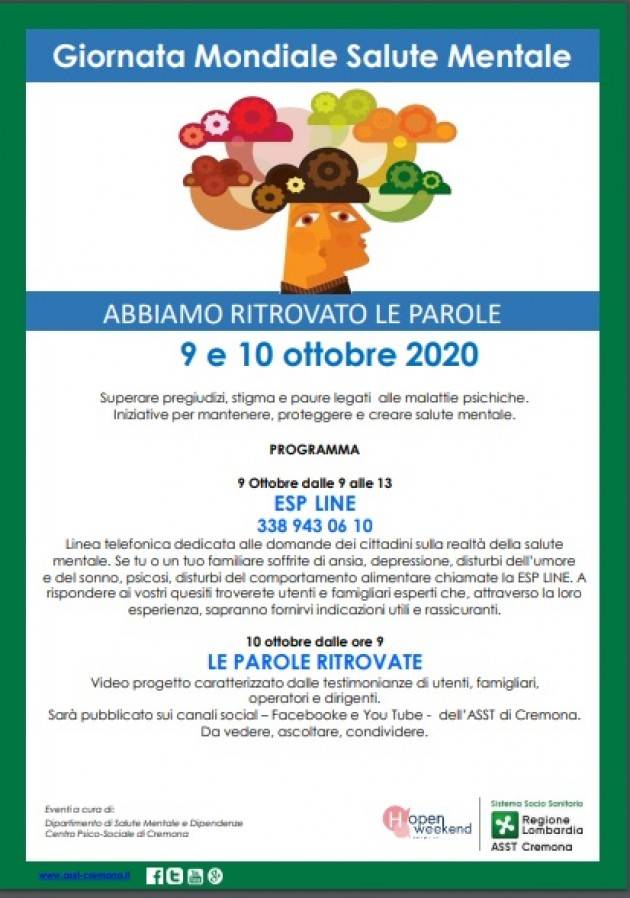 ASST Cremona  LE PAROLE RITROVATE 10 ottobre 2020 Giornata Mondiale della Salute Mentale