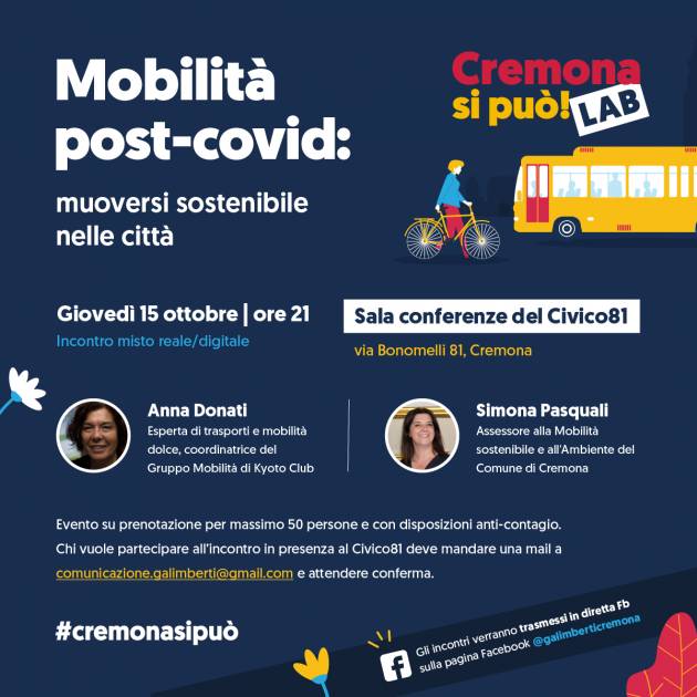 #cremonasipuò Giovedì 15 ottobre incontro Mobilità post-covid con Anna Donati