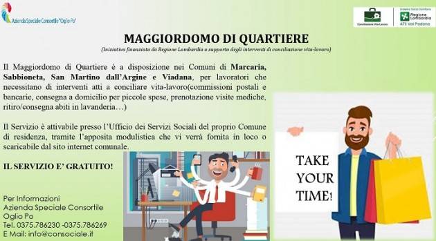 Prosegue  servizio gratuito  ‘maggiordomo quartiere’ a Viadana, Marcaria Sabbioneta e San Martino dall’Argine.