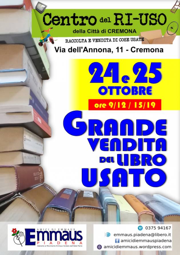 Cremona GRANDE VENDITA DEL LIBRO USATO AL CENTRO DEL RI-USO EMMAUS