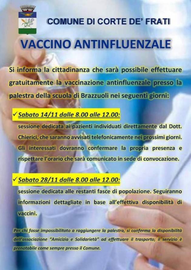 Azzali Rosolino Condivido il programma delle vaccinazioni per i cittadini di Corte de Frati (CR)