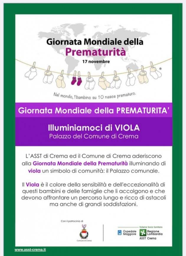 Crema Per il World Prematurity Day Palazzo Comunale si illuminerà di viola