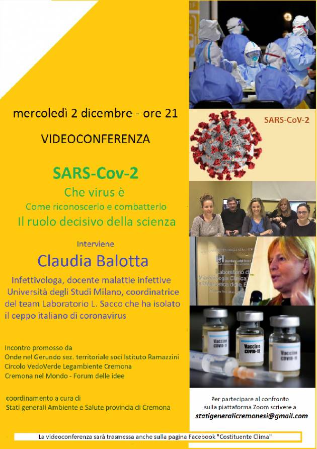 Cremona Mercoledì 2 dicembre ore 21  Videoconferenza SARS-CoV-2 con Claudia Balotta