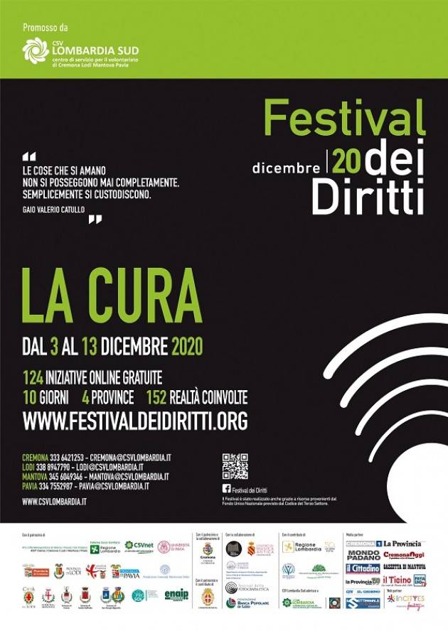 Crema ‘LA CURA’, al via il 3 dicembre la nuova edizione del Festival dei Diritti
