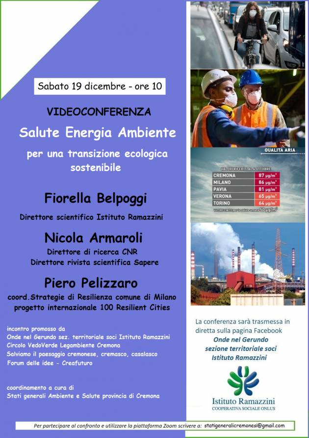 Cremona Sabato 19 dicembre ore 10 incontro online SALUTE ENERGIA AMBIENTE