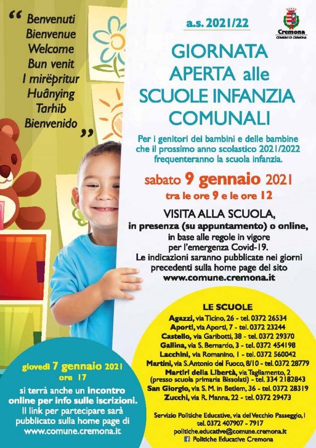 Cremona Iscrizioni alle scuole infanzia comunali dal 4 al 25 gennaio 2021