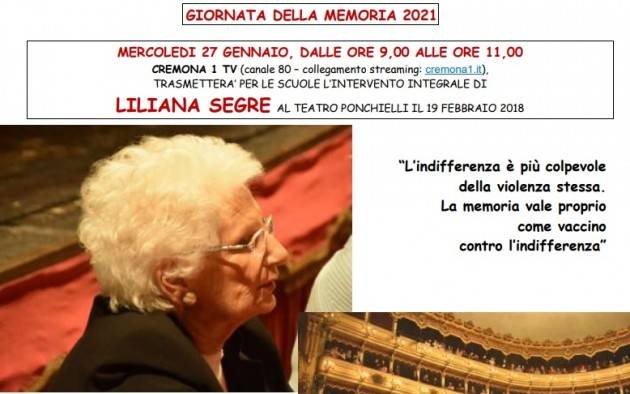 GIORNATA DELLA MEMORIA 2021 Liliana Segre  sulla rete televisiva Cremona1