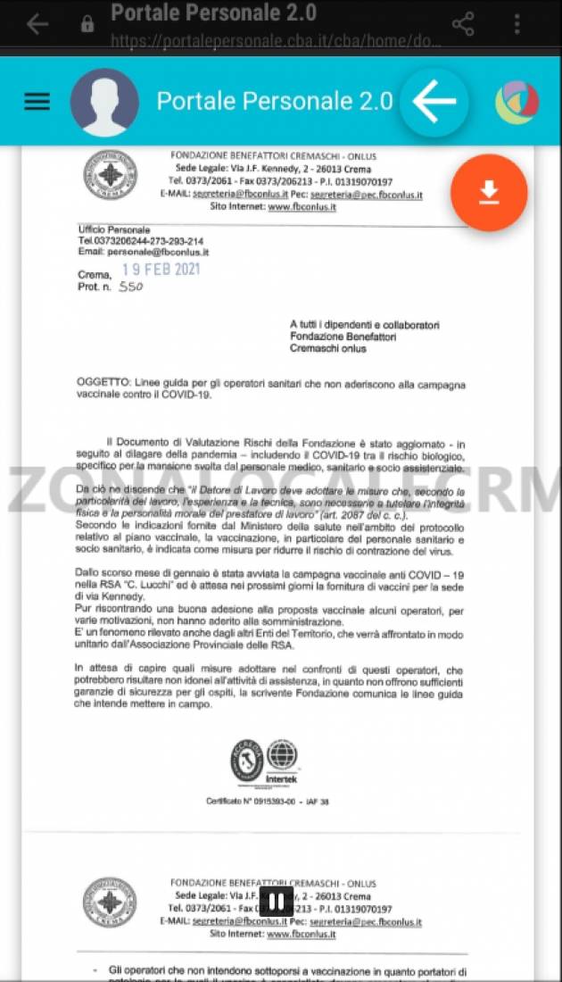 DOCUMENTO : OPERATORI RSA CREMASCHI RIFIUTANO IL VACCINO