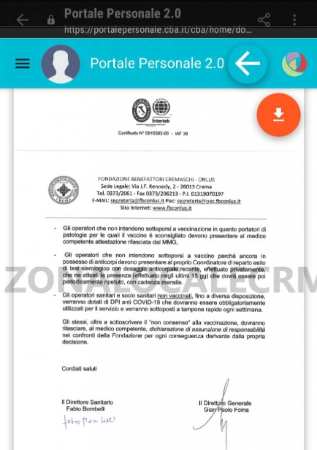 DOCUMENTO : OPERATORI RSA CREMASCHI RIFIUTANO IL VACCINO