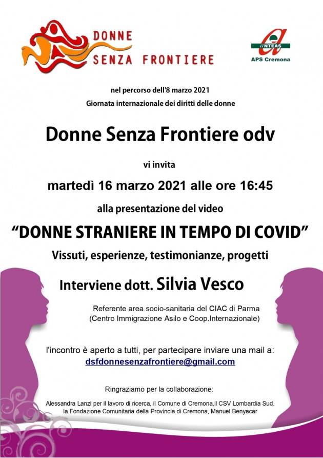 Cremona DONNE STRANIERE IN TEMPO DI COVID il 16 marzo ore 16.45