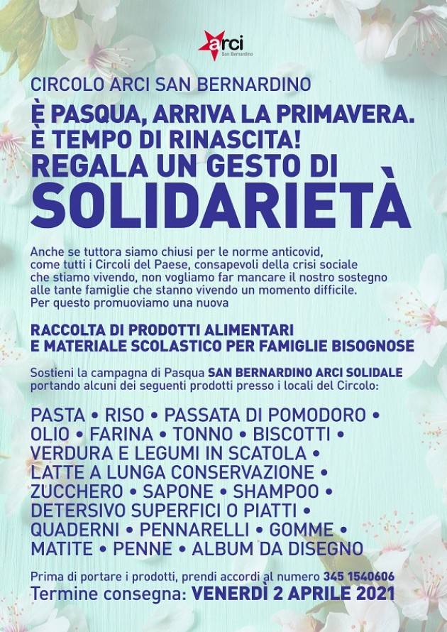 Arci San Benardino Crema promuove iniziativa E' Pasqua, arriva la primavera..