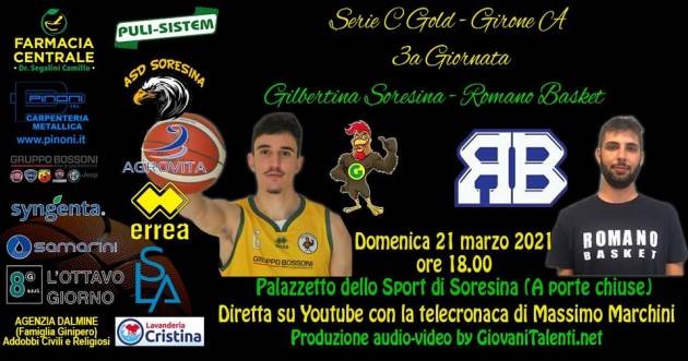 Evento di Gilbertina Basket Soresina Palazzetto Sport 21 marzo ore 18