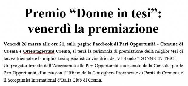Crema due importanti eventi- online – su giovani e pari opportunità