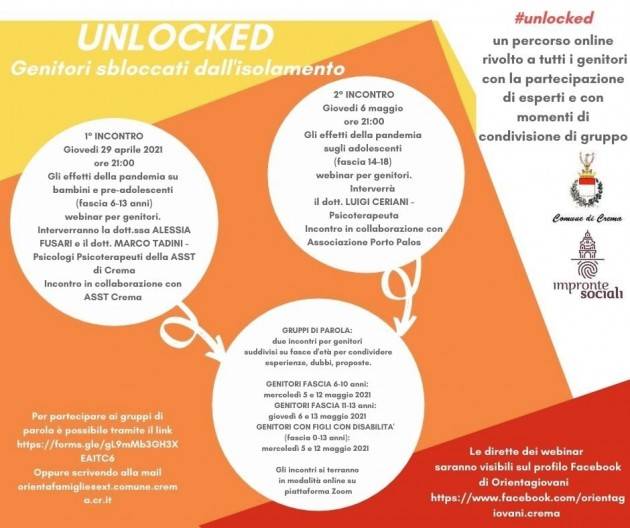 Crema Genitori Unlocked: incontri sui figli e la pandemia