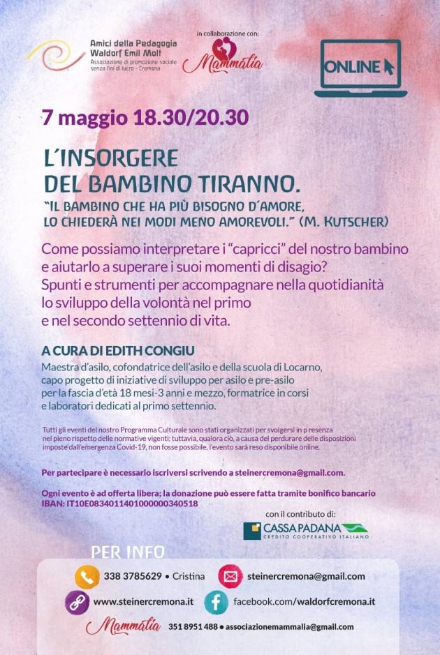 Cremona  Incontro genitori L’INSORGERE DEL BAMBINO TIRANNO il 7 maggio